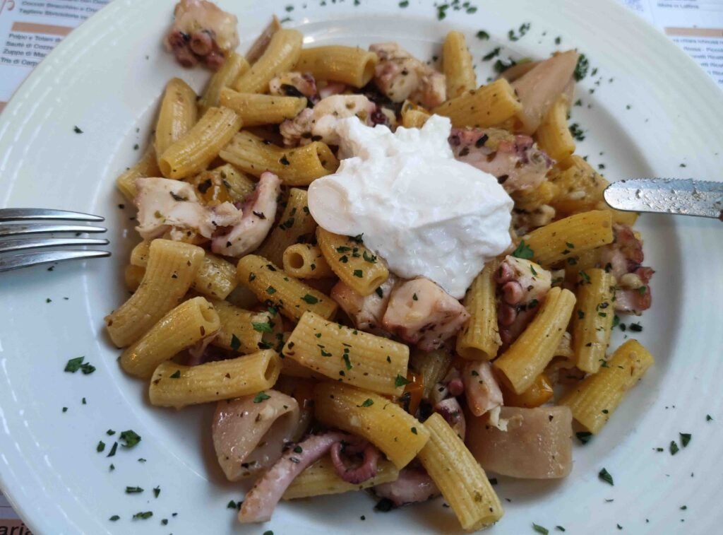An Italian Pasta Dish topped up with chunks of Octopus.