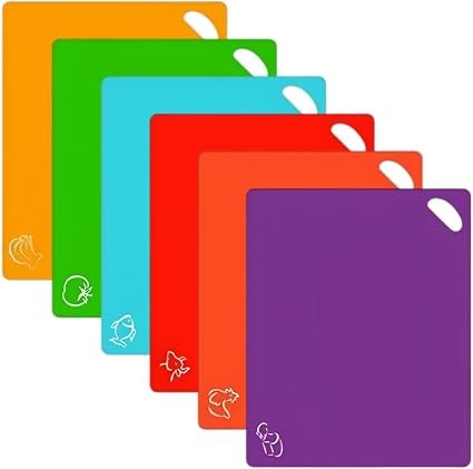 6 Pack Plastic Cutting Boards, 1.2mm Extra Thick Chopping Mats | with Food Icons, Non-Slip Kitchen Cutting Boards, Dishwasher Safe, Hanging Hole,...