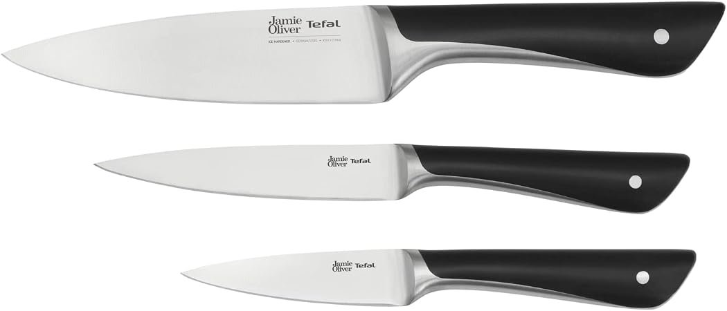 Tefal Jamie Oliver 3-Piece Kitchen Knife Set, Chef, Utility, Paring | 15cm Chef, 12cm Utility, 9cm Paring, German Stainless Steel Ice-Hardened Blades,...