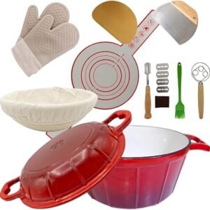KinConnyen 5L Enameled Cast Iron Dutch Oven Sourdough Baking Kit | Food-grade enamel,Non-stick finish,Lid doubles as grill pan,Suitable for all hobs,Oven...