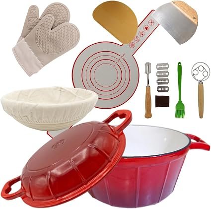KinConnyen 5L Enameled Cast Iron Dutch Oven Sourdough Baking Kit | Food-grade enamel,Non-stick finish,Lid doubles as grill pan,Suitable for all hobs,Oven...