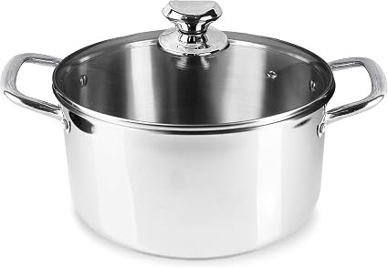 Homatz Induction Stock Pot 24cm Dia, 5L Stainless Steel Pot with Glass Lid | Non-Stick Large Cooking Pot for Soups, Stews | Oven Safe Upto 200 °C -...
