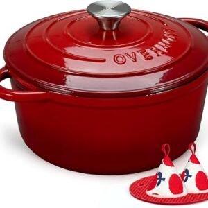 Overmont 26cm/5.2L Enamelled Cast Iron Round Casserole Dish, Cherry red | With Lid, 5.5QT, Cookbook -Non-stick Dutch Oven for Braising, Stews, Roasting,...