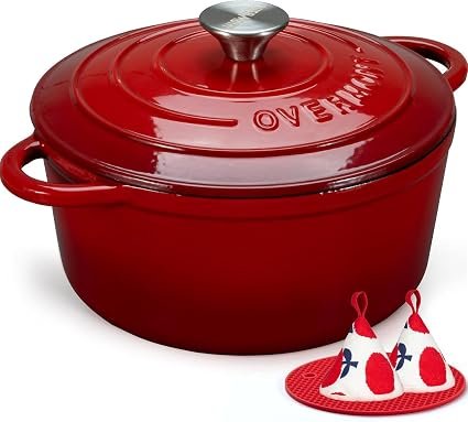 Overmont 26cm/5.2L Enamelled Cast Iron Round Casserole Dish, Cherry red | With Lid, 5.5QT, Cookbook -Non-stick Dutch Oven for Braising, Stews, Roasting,...