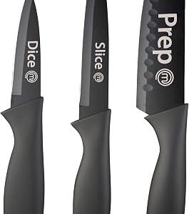 MasterChef Kitchen Knives Set of 3 for Cooking - Chef Knife, Paring Knife & Utility Knife with Professional Sharp Stainless Steel, Non Stick Coated Blades & Soft Touch Handles for Easy Grip, Black