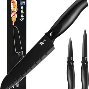 3 Pieces Kitchen Knife Set, Ultra Sharp Stainless Steel Chef Knives Set with Santoku, Utility, Paring Knife for Fruit, Vegetable, Tomato, Peeling - Popular Family Kitchen Collection (Black)
