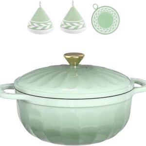 ROVSON Flower Enamelled Cast Iron Dutch Oven, Casserole Dish with Lid (Sage Green)