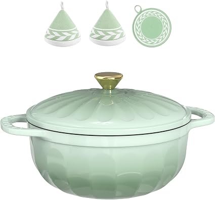 ROVSON Flower Enamelled Cast Iron Dutch Oven, Casserole Dish with Lid (Sage Green)