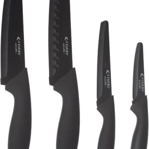 Viners Assure 4 Piece Knife Set | SaferTip Technology | Chef, Santoku, Utility & Paring Knives | Stainless Steel Blades | Soft Touch Handles