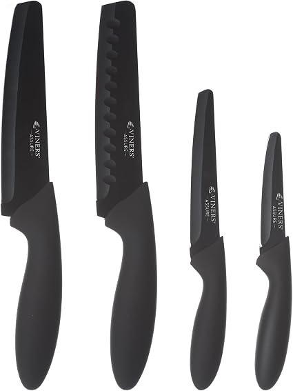 Viners Assure 4 Piece Knife Set | SaferTip Technology | Chef, Santoku, Utility & Paring Knives | Stainless Steel Blades | Soft Touch Handles