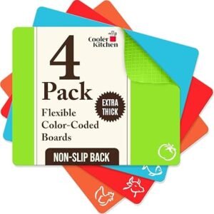 Extra Thick Flexible Plastic Chopping Board (Set of 4) - Plastic Cutting Board Set - Mats with Food Icons & EZ-Grip Waffle Back - Colour Coded Chopping...