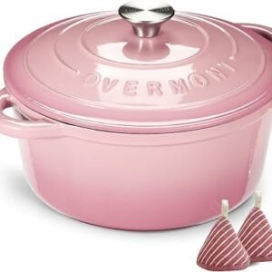 Overmont 26cm/5.2L Enamelled Cast Iron Round Casserole Pot, Pink | With Lid Cookbook & Cotton Potholders - Non-stick Dutch Oven Cookware for Braising,...