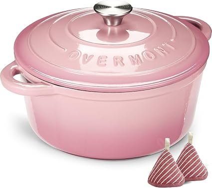 Overmont 26cm/5.2L Enamelled Cast Iron Round Casserole Pot, Pink | With Lid Cookbook & Cotton Potholders - Non-stick Dutch Oven Cookware for Braising,...
