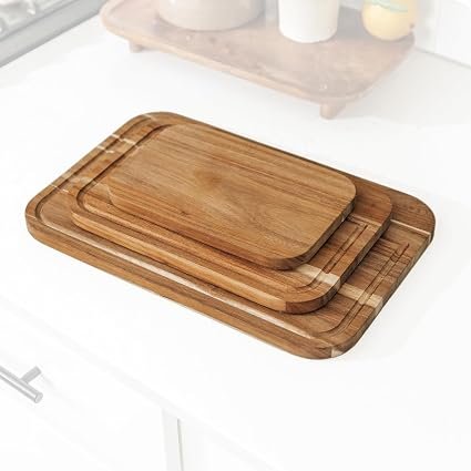 KitchenEdge Premium Acacia Wood Cutting Board Set of 3, Juice Groove and Non-Slip Feet, Thick Wood Trays for cheese, vegetables, meat, fruit, Heavy Duty...