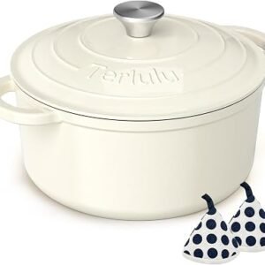 Enamelled Cast Iron Round Casserole Pot with Lid & Cotton Potholders - 26cm/5L Non-Stick Dutch Oven - Sturdy Dutch Oven Cookware for Bread Baking,...
