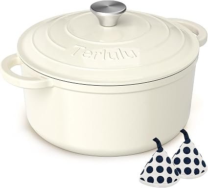 Enamelled Cast Iron Round Casserole Pot with Lid & Cotton Potholders - 26cm/5L Non-Stick Dutch Oven - Sturdy Dutch Oven Cookware for Bread Baking,...