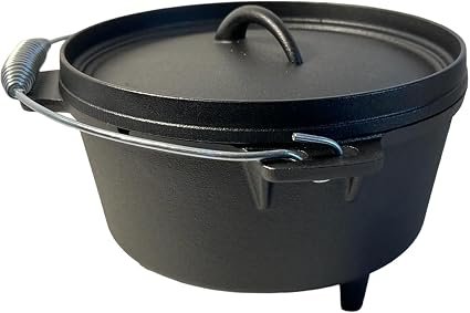 Cast Iron 3 Litre Dutch Oven pre-seasoned cooking pot with three feet | Spiral handle | Ideal for camping, cooking, baking and frying