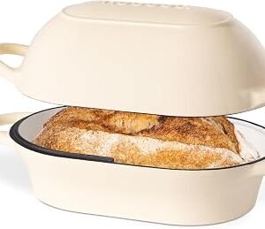 Dutch Oven for Sourdough Bread Baking – Enamelled Cast Iron Bread Loaf Pot – Oven Safe Non Stick Bread Pot – Rectangular, Cream, 22cm x 16cm – by Nuovva
