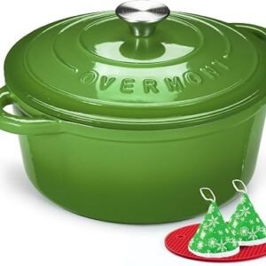 Overmont 26cm/5.2L Enamelled Cast Iron Round Casserole Pot,Forest green | With Lid Cookbook & Cotton Potholders - Non-stick Dutch Oven Cookware for...