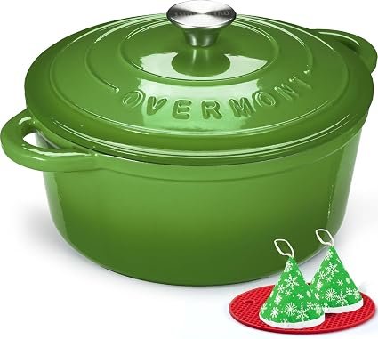 Overmont 26cm/5.2L Enamelled Cast Iron Round Casserole Pot,Forest green | With Lid Cookbook & Cotton Potholders - Non-stick Dutch Oven Cookware for...
