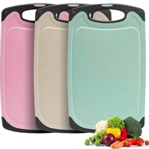 Chopping Board Set of 3 Wheat Straw Kitchen Cutting Boards BPA Free | Juice Grooves, Non-Slip Feet for Stability, Dishwasher Safe, Suitable for Meat, Fish,...