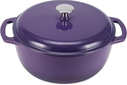 Amazon Basics Enamelled Cast Iron Dutch Oven Casserole with Lid, Heavy-Duty, Round, 5.7 L, Purple