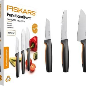 Fiskars kitchen knife set, 3-piece, Functional shape, Includes chef's knife (small), tomato knife, paring knife, Japanese stainless steel/plastic, 1057556
