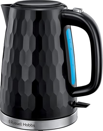 Russell Hobbs Honeycomb Black Cordless Electric Kettle, 1.7L, Premium Plastic, Gloss Finish, Fast Boil 3KW, Washable Anti-Scale Filter, Push Button Lid, 26051