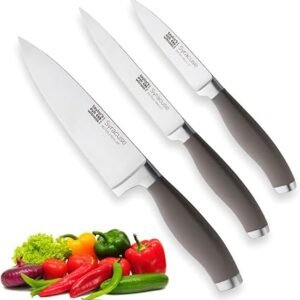 Taylors Eye Witness Syracuse Kitchen Knife 3pce Set - Paring 9cm/3.5?, Chefs 15cm/6? & Cooks All Purpose 13cm/5? Cutting Edge. Ultra Fine, Razor Sharp Blade. Soft Textured Grey Handle Tactile Grip.