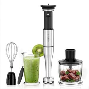 FRESKO 1000W Stainless Steel Handheld Blender 4-in-1 Set, Adjustable Speed | Stepless pressure trigger with PA66 Pot Guard, Includes Whisk, 500ml Chopper,...