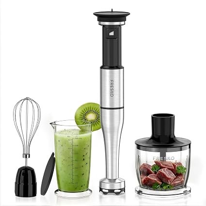 FRESKO 1000W Stainless Steel Handheld Blender 4-in-1 Set, Adjustable Speed | Stepless pressure trigger with PA66 Pot Guard, Includes Whisk, 500ml Chopper,...