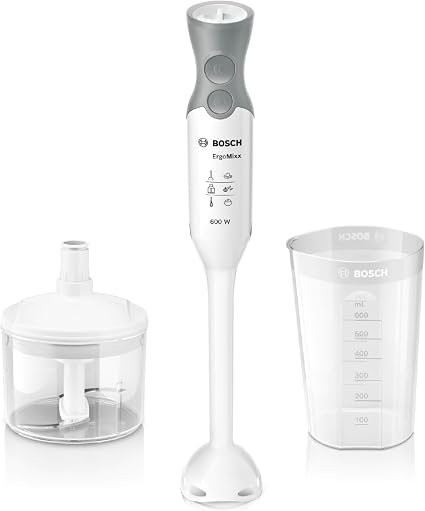 Bosch ErgoMixx Hand Blender With Mini Chopper and Beaker, MSM66020GB, White | 12 Speeds, Anti Splash, Anti Suction Technology, Quattro Stainless Steel...