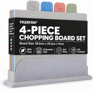 Tigerfish 4-Piece Scratch Resistant, Colour Coded, Chopping Board Set with Stand. BPA-Free, Dishwasher Safe, Non-Slip Kitchen Cutting Boards, Retail Packaged.