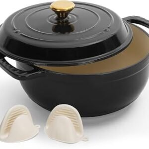 ROVSON Enamelled Cast Iron Dutch Oven, Casserole Dish with Lid and Silicone Gloves, Oven Safe Pot for Bread Baking, Braising and Stews (Glossy Black, 5QT)