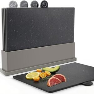 Masthome 4pcs Index Chopping Board Set with Stand & Food Icons, Black | Dishwasher Safe, Knife-Friendly, Plastic Cutting Boards for Kitchen Meat, Fish...