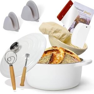 Enameled Cast Iron Dutch Oven with Proofing Basket, Non-Stick Ovenproof Casserole Pot, White Dutch Oven for Braising, Stews, Roasting & Bread Baking...