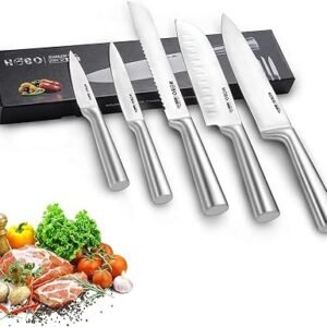 HOBO Knife Set, Professional 5-Piece Stainless Steel Kitchen Knife Set, Non-Slip Frosted Handle, Serrated and Standard Sharp Chef Knife, Bread Knife for Mincing, Chopping, Slicing.