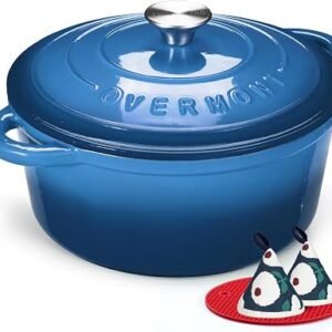 Overmont 24cm/4.2L Enamelled Cast Iron Round Casserole Pot, Sapphire blue | With Lid Cookbook & Cotton Potholders - Non-stick Dutch Oven Cookware for...