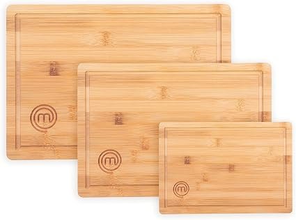 MasterChef Wooden Chopping Board Set of 3, Bamboo Cutting Boards for Kitchen, Reversible Wood Boards with Juice Grooves in Small, Medium & Large Sizes,...