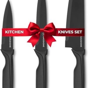 Professional Kitchen Knife Set for Cooking, 3pcs Stainless Steel Blade Sharp Kitchen Knives Set with Ergonomic Handle, Chef Knife, Utility & Paring with Non Stick Coating & Dishwasher Safe, Black