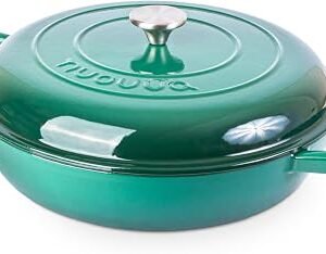 Shallow Cast Iron Casserole with Lid – Non Stick Dutch Oven Pot, Oven Safe up to 500° F – Sturdy Ovenproof Stockpot Cookware – Enamelled Cooking Pot – Dark...