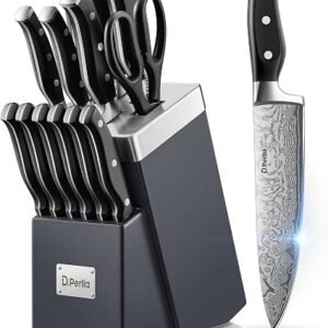 D.Perlla Kitchen Knife Set with Advanced Self-Sharpening Technology, 14-Piece Waved Texture Knife Set with Block, Stainless Steel Kitchen Knives, Razor-Sharp Knives and Full Tang Handle