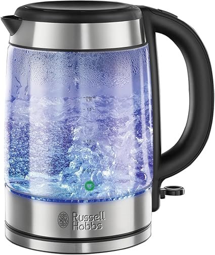 Russell Hobbs Illuminating Glass Kettle, 1.7L, Fast Boil, Black, 21600-10 | Brushed Stainless Steel Accents, 3KW, Washable Anti-Scale Filter, Button to Open...