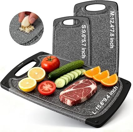 KIMIUP Plastic Chopping Board Set of 3, Dishwasher Safe, BPA Free, Black | Cutting Boards for Kitchen with Grinding Area, Juice Groove, Non-Slip Feet,...