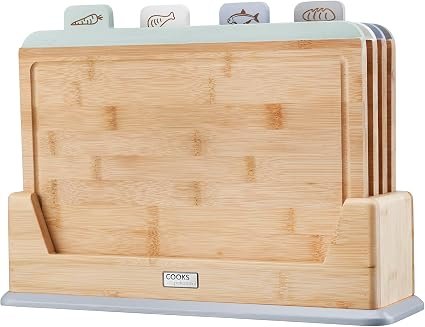 Cooks Professional Set of 4 Index Chopping Boards | Bamboo Chopping Boards with Stand | Wooden Food Preparation Cutting Blocks with Tabs for Fruit &...