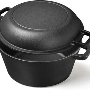 2 in 1 Cast Iron Dutch Oven 5 QT Dutch Oven Pot + 1.6 QT Dual Function Skillet Lid Ideal for Bread Baking, Stew & Casserole - Compatible with Induction,...