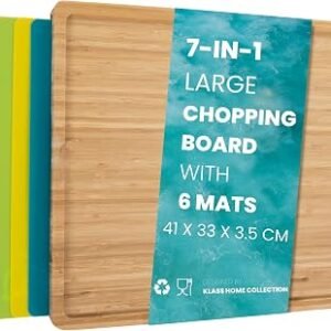 Klass Home Collection 7 in 1 Large Wooden Chopping Board Set with 6 Coloured PP Mats, Contamination Free Bamboo Cutting Boards for Kitchen with Integrated...