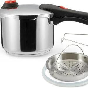 Amazon Basics Stainless Steel Pressure Cooker with Steamer, 6 litres, Silver