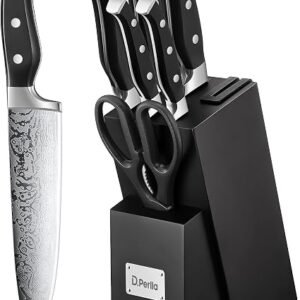 D.Perlla Knife Set, 7 Pieces Kitchen Knife Set with Self Sharpening Wooden Block, German Stainless Steel Knife Block Set with Triple Riveted Ergonomic Handle, Black