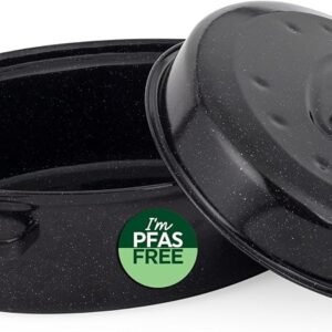 Russell Hobbs Romano Self-Basting Roaster with Lid, 38 Cm, Black | Vitreous Enamel-Coated Steel, Oval Deep Pan With Side Handles, Non-Stick Surface,...